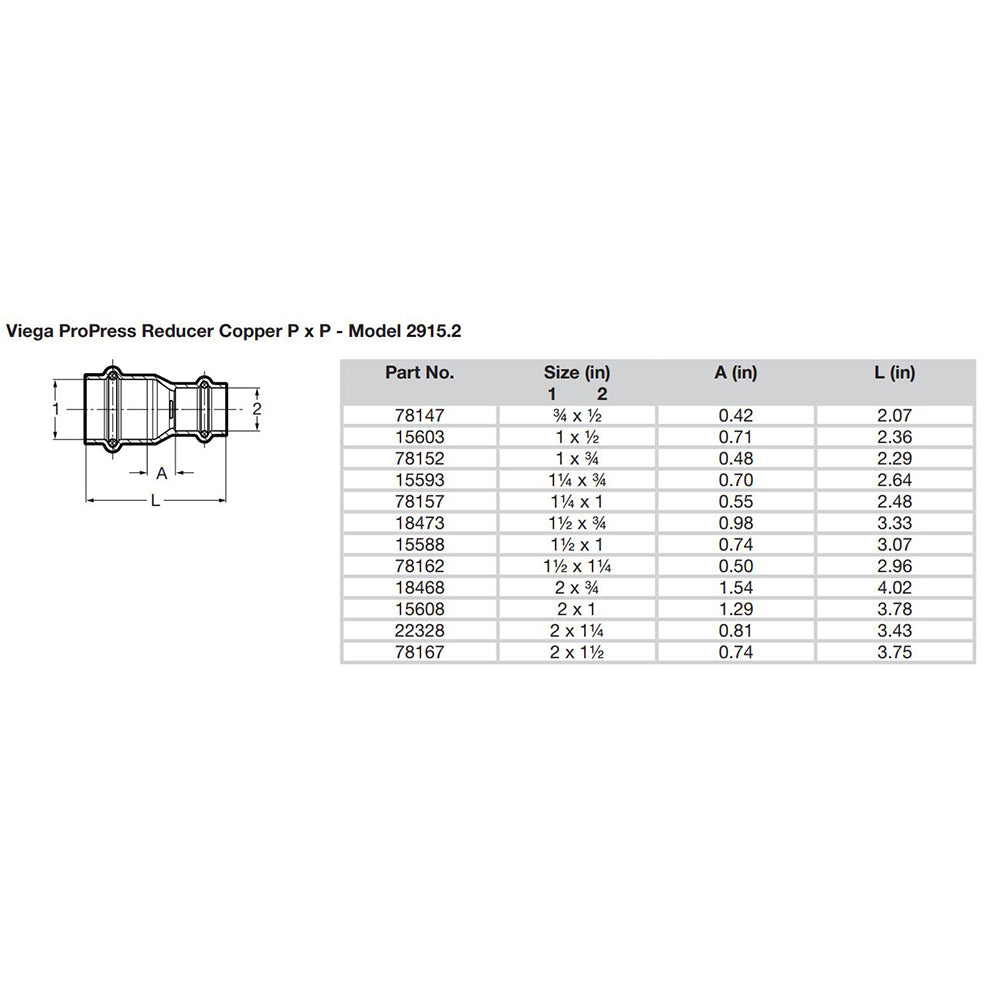Viega ProPress 112 x 1 Copper Reducer  Double Press Connection  Smart Connect Technology 15588